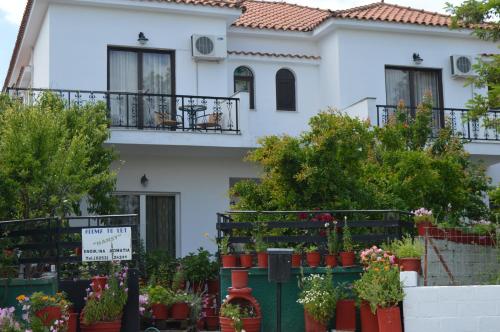 a house with potted plants in front of it at Nancy Rooms in Skala Kallonis