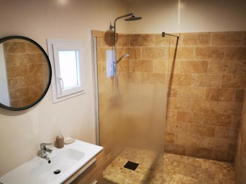 a bathroom with a shower with a sink and a mirror at La Maison d'Hortense au coeur du vignoble in Saint-Bris-le-Vineux