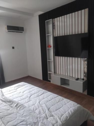 a bedroom with a bed and a flat screen tv at M&S Luxury Apartment in Lekki