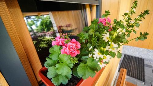 a vase filled with pink flowers on a window sill at Hiša na Hribu- A Peaceful Hilltop Escape above river Kolpa in Kostel