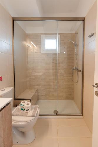 a bathroom with a glass shower with a toilet at Christina's apartment 2 in Kontokali