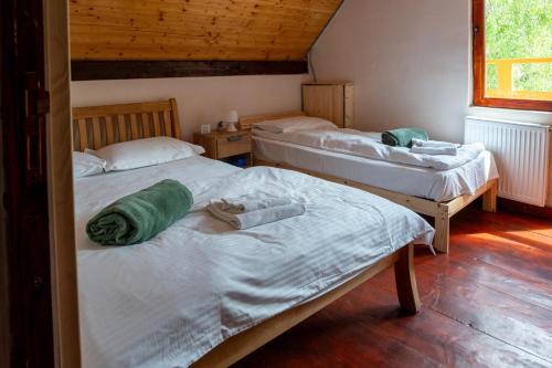 two twin beds in a room with wooden floors at Cabanele Doi Frati in Dealu Negru
