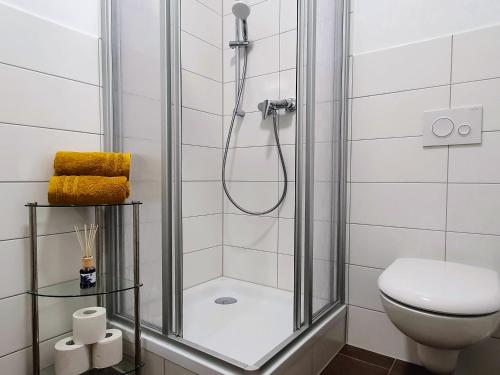 ブランデンブルク・アン・デア・ハーフェルにあるHogulu - 2 - RAUM - App 23 mit Balkon im Herzen der Altstadtのバスルーム(シャワー、トイレ付)