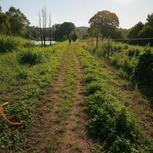 eine unbefestigte Straße in einem Feld neben einem Wasserkörper in der Unterkunft Lake side Caravan site - 1500 square meters of nature & private fishing in Port Edward