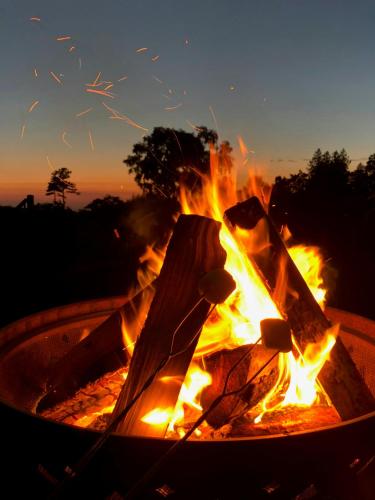a fire in a pot with flames in it at TEC Resort and bar in Dharān Bāzār