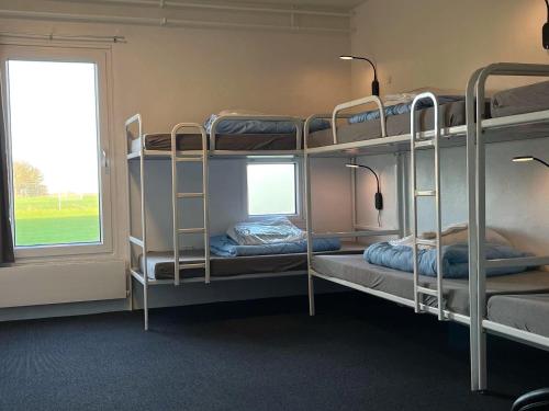 a room with three bunk beds with a window at Hirtshals Idrætscenter - Vandrehjem - Hostel in Hirtshals