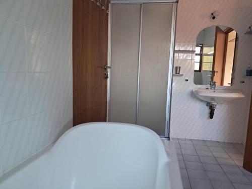 Un baño con lavabo, ducha y espejo. en Villa Theresa, en Johannesburgo