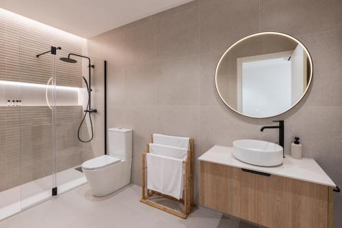 a bathroom with a toilet and a sink and a mirror at Loft América 41 A in Melide