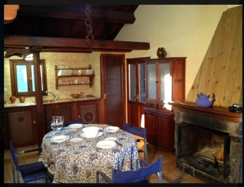 a dining room with a table and a fireplace at La era de Satue in Fanlo del Valle de Vío
