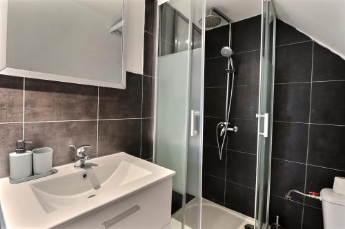 a bathroom with a sink and a shower at Les Apparts du Pont Vert - lit double - WiFi - tout inclus - 4 in Troyes