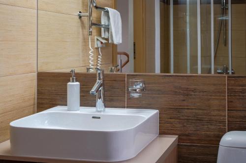 a bathroom with a white sink and a mirror at Agneta Apartamentai in Druskininkai