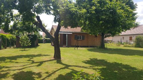 a yard with two trees and a house at Chalet du Tilleul in Poncey-lès-Athée