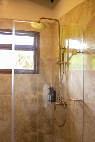 a bathroom with a shower with a glass door at Portales del Tayrona Garden Hotel in Calabazo