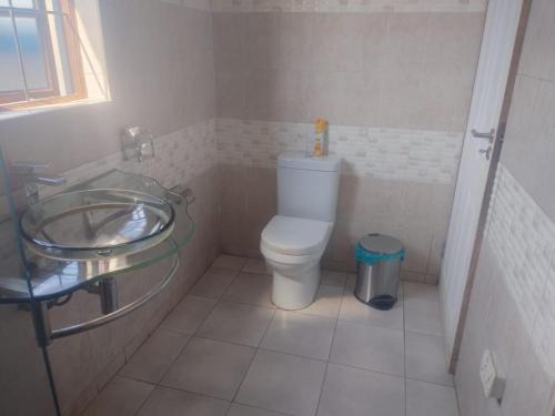 a bathroom with a toilet and a glass sink at Elegant Guest House Malelane in Malelane