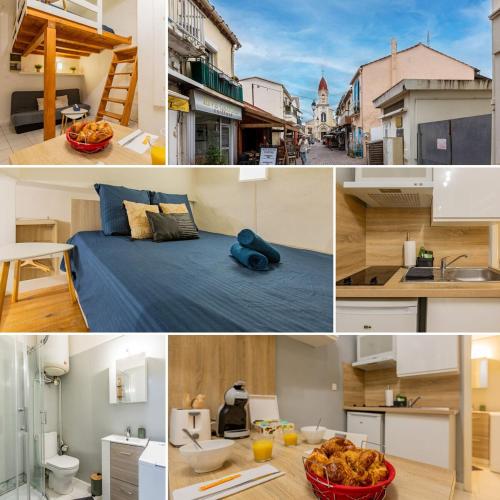 un collage de photos d'une cuisine et d'une maison dans l'établissement Studio GIGI 50 m mer climatisation plein centre, à Palavas-les-Flots