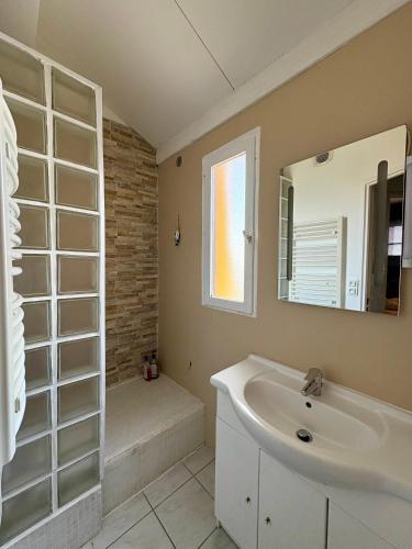 une salle de bain avec un lavabo, un miroir et une douche dans l'établissement Appartement superbe vue -Climatisation - piscine - parking - 5MC317, au Barcarès