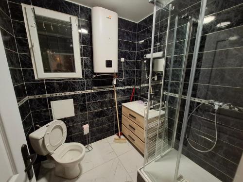 e bagno piastrellato nero con servizi igienici e doccia. di Le soleil de l'estaque a Marsiglia