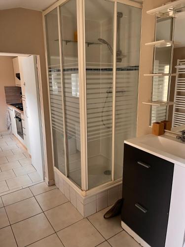 une douche en verre dans une cuisine avec évier dans l'établissement Appartement à Dieppe, à Dieppe