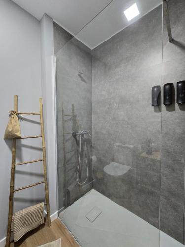 een badkamer met een douche met een glazen deur bij Cantinho Averomar in Póvoa de Varzim
