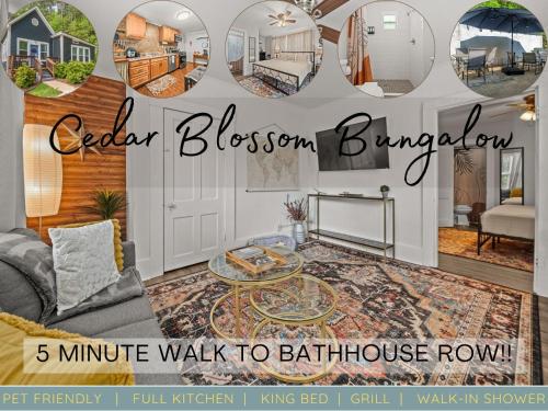 a flyer for a living room with round mirrors at Cedar Blossom Bungalow is a cozy getaway with a 5 minute walk to downtown! in Hot Springs