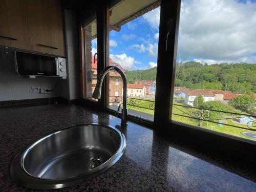 a stainless steel sink in front of a window at Dacarreda in Villamayor
