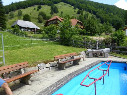 a person standing next to a swimming pool with benches at Haus am Rotwiesenbach in Todtnau