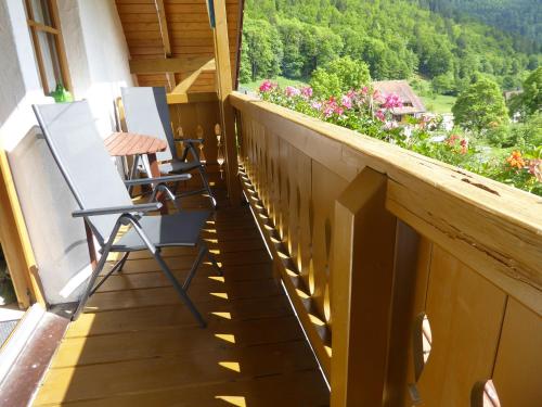 two chairs on a balcony with a view of flowers at Haus am Rotwiesenbach in Todtnau