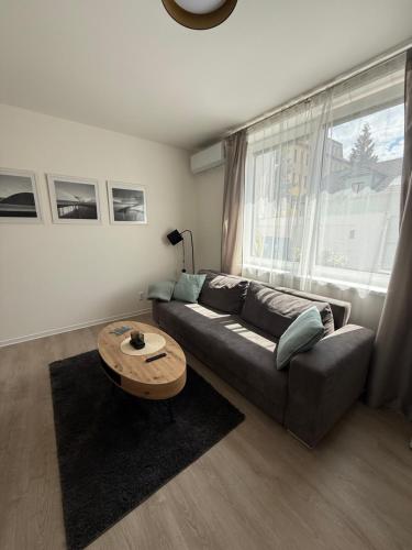 a living room with a couch and a coffee table at Apartmány U Kostela in Uničov
