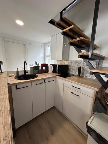 a kitchen with white cabinets and a sink at Splav Casa Luna in Ostružnica