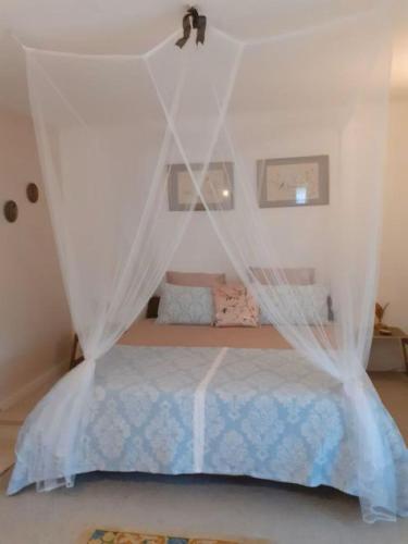 une chambre avec un lit avec moustiquaire dans l'établissement Rêve du Revert, à Roz-sur-Couesnon