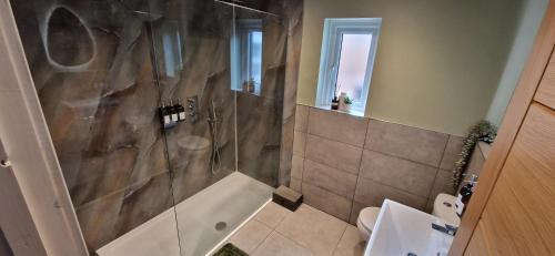 a bathroom with a shower and a toilet and a sink at Coastal Rest in Beadnell
