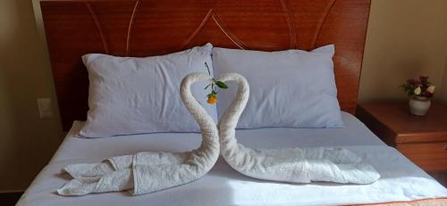 two swans made out of towels on a bed at Haylli Café Oro Hotel in Santa Teresa
