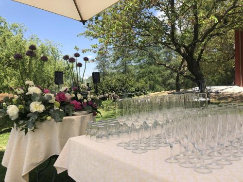 a bunch of wine glasses on a table with flowers at Ca di Voi in Calizzano