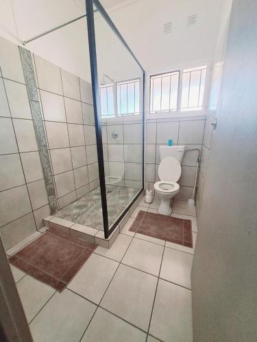 a bathroom with a shower and a toilet at Fish Eagles Nest in Gariep Dam