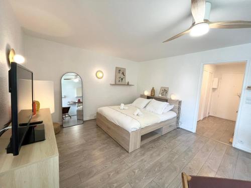 une chambre avec un lit et une télévision à écran plat dans l'établissement Studio 18 - Parking & proche lac, à Annecy