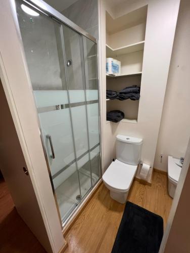 a small bathroom with a toilet and a shower at Estudio con increíbles vistas a la montaña en el centro de Formigal - Esquía sin llaves in Formigal