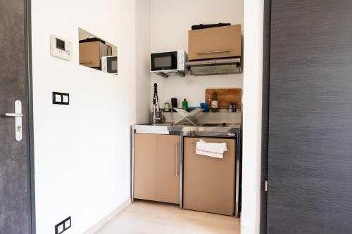 une petite cuisine avec un évier et un réfrigérateur dans l'établissement Studio Victor 101 - A deux pas du Luxembourg, à Knutange