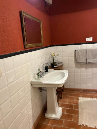 a bathroom with a white sink and a mirror at Casa Valle Verde in Brugnato