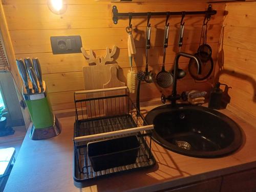 a kitchen counter with a sink and utensils at Drinska Dama in Bajina Bašta