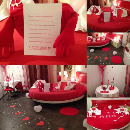 a collage of photos of a red bed with a sign at La Baia Di Ulisse in Venetico