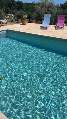 - deux chaises longues installées au bord de la piscine dans l'établissement La Bastide des Crinieres Argentees, à La Celle-sous-Gouzon