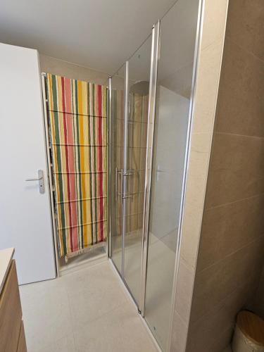 une douche avec une porte vitrée dans une salle de bain dans l'établissement Le Domicile adoré chez Béa, à Villers-sur-Mer