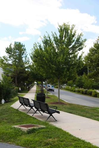 two benches sitting on a sidewalk in a park at 1939 Four Bed Rustic Escape by Casino in Ranson