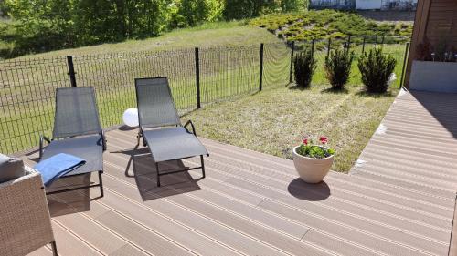 two chairs and a pot of flowers on a deck at Pratum Plus prywatny ogród z tarasem grill leżaki in Mikołajki