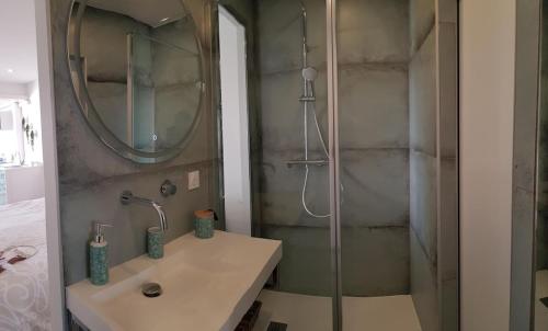 une salle de bain avec un lavabo et une douche avec un miroir dans l'établissement Studio port nature 2, au Cap d'Agde