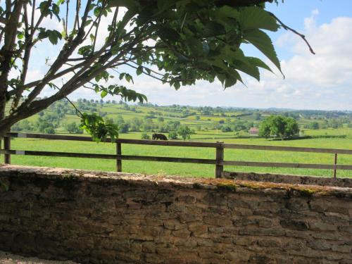 a fence and a field with a cow in the distance at En vallée charolaise in Viry