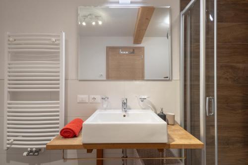 a bathroom with a white sink and a shower at Apartments Irene in La Villa