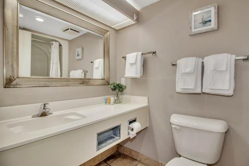 a bathroom with a toilet and a sink and a mirror at Coastal Serenity 1Br Oceanfront Suite, Dogs OK! 1810 in Myrtle Beach