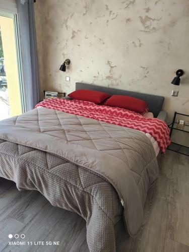 une chambre avec un grand lit avec des oreillers rouges dans l'établissement Chez Catherine et Joël 