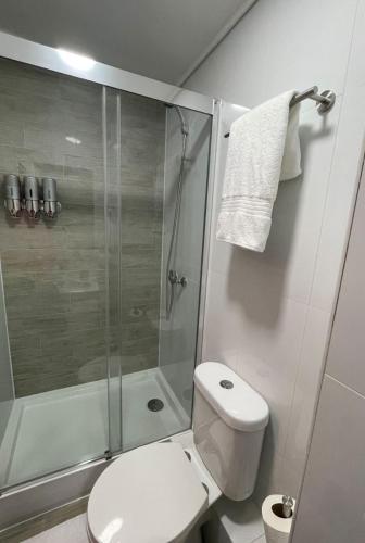 a bathroom with a toilet and a glass shower at Condominio Palena in Puerto Montt